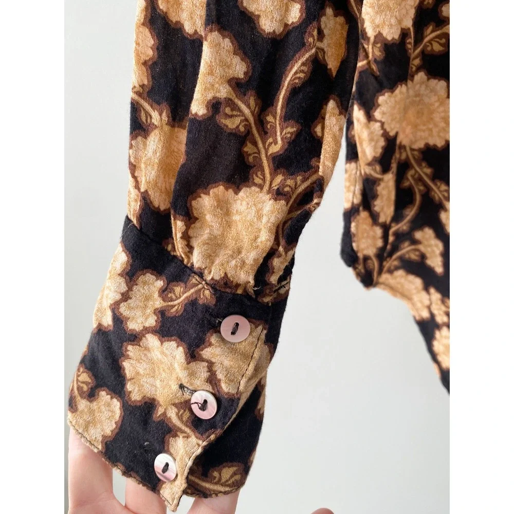 Free People Mia‎ Floral Tunic Top S Peasant Black Brown Boho Festival Oversized